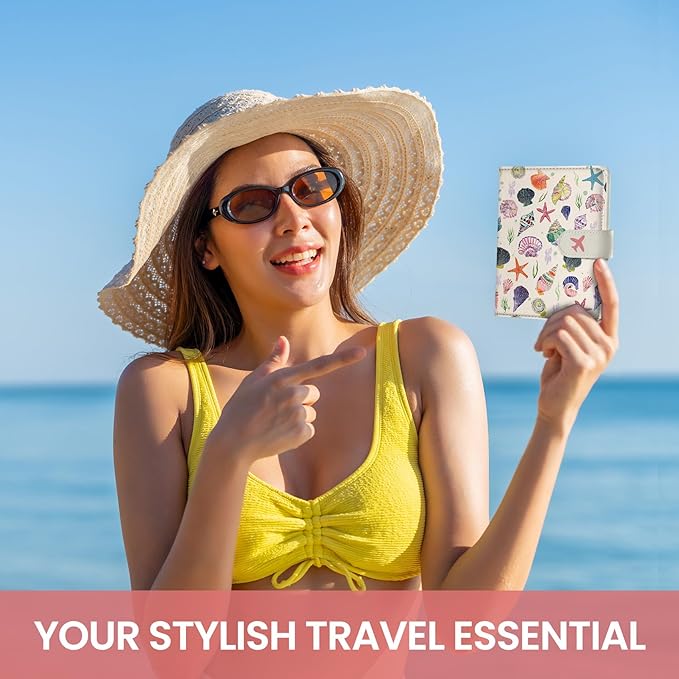 Passport Holder for Travel Essentials, RFID Blocking Leather Cover Wallet with Magnetic Closure, Aesthetic & Cute Passport Book Case for Women and Men - Seashell