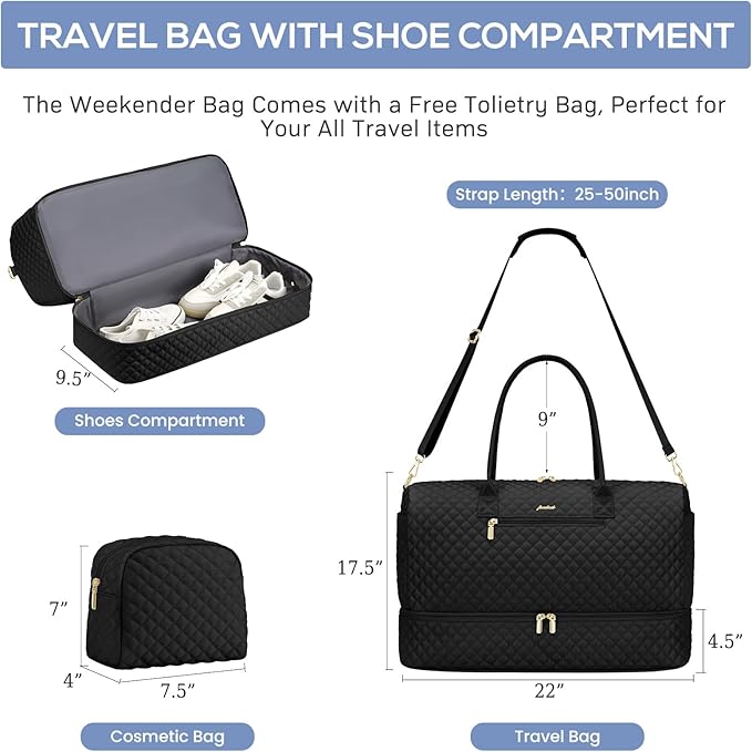 Travel Weekender Duffle Bags for Women - Large Carry On Bag with Shoe Compartment Overnight Bag with Toiletry Bag Duffel Bags with Wet Pocket for Gym Hospital Bags for Labor and Delivery Black