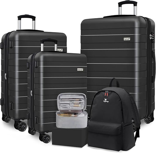 Zebra Luggage Sets 5 Piece, Lightweight Hardside Business Travel Suitcase Set with TSA Lock, Bonus Travel Backpack & Makeup Bag, 20/24/28 inch,Black