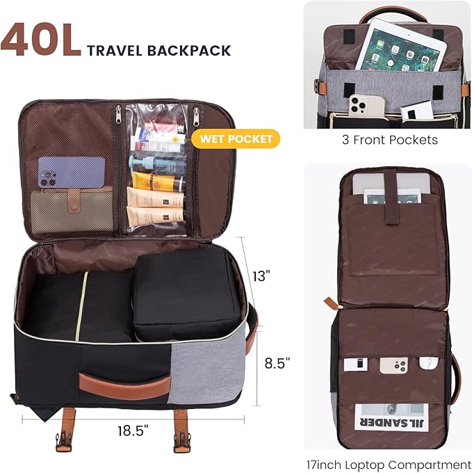 LOVEVOOK 40L Large Travel Backpack for Women, Flight Approved, Waterproof, TSA Compliant, Fits 17.3'' Laptop, 17 Pockets, 3 Packing Cubes