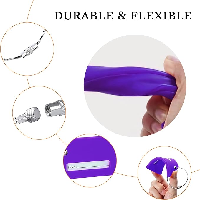 14 Pack Silicone Luggage Tag for Suitcases with Stainless Loop, TSA Approved, Privacy Protection Travel Essentials Bag Tags by Gostwo, Purple