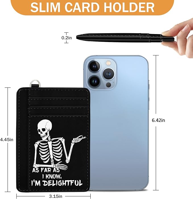 Yonlevres Skeleton Skull Credit Card Holder Slim Wallet, Funny Gothic RFID Wallet Women Front Pocket Small Card Holder, Goth Halloween Card Case ID Window PU Leather RFID Blocking Card Organizer Gifts