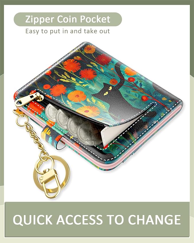 Aiawoxc Womens Wallet, RFID Small Wallets for Women, Slim Compact Credit Card Holder, Cute Leather Bifold Ladies Purse with Zipper Coin Pocket and ID Window, Cute Cat