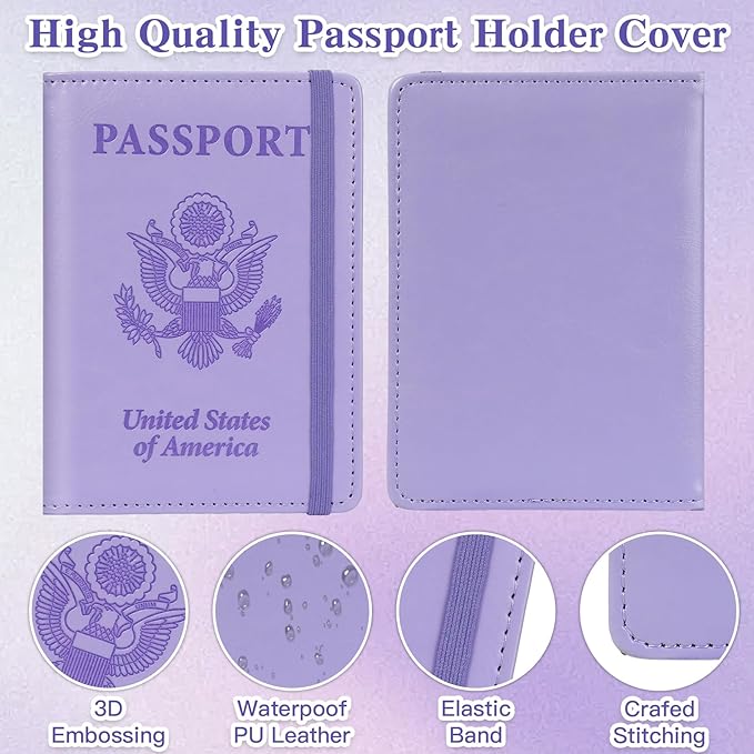 Passport Holder for Travel, RFID Blocking Passport Cover with Pen Holder Leather Passport Wallet Case Travel Must Haves Accessories Passport Book Card Holder for Family Travel Essentials Gifts, Purple