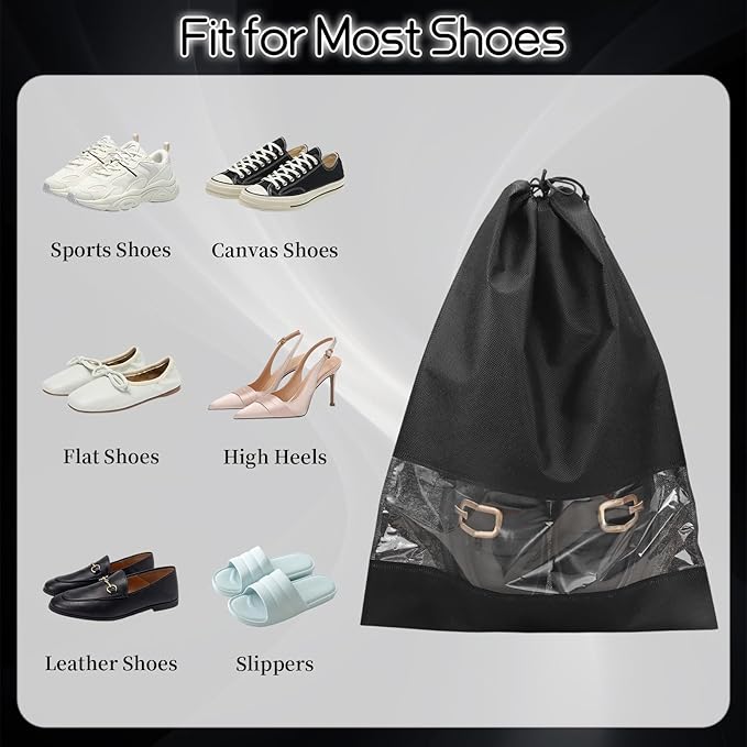 12 Pcs Portable Travel Shoe Bags, 17.3 x 12.6 Inches Waterproof Non-Woven Shoe Organizers Storage Bags, Large Drawstring Shoes Pouch Packing Organizers with Rope for Men, Women, Children (Black)