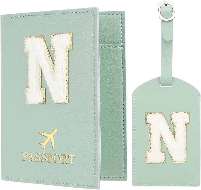 PATIKIL Passport Holder for Travel, Initial Passport Cover and Luggage Tag Set with Alphabet Chenille Letter Patch Travel Wallet Bag Suitcase Identifier for Women Family Travel Green N