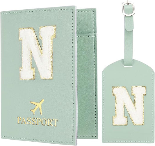 PATIKIL Passport Holder for Travel, Initial Passport Cover and Luggage Tag Set with Alphabet Chenille Letter Patch Travel Wallet Bag Suitcase Identifier for Women Family Travel Green N