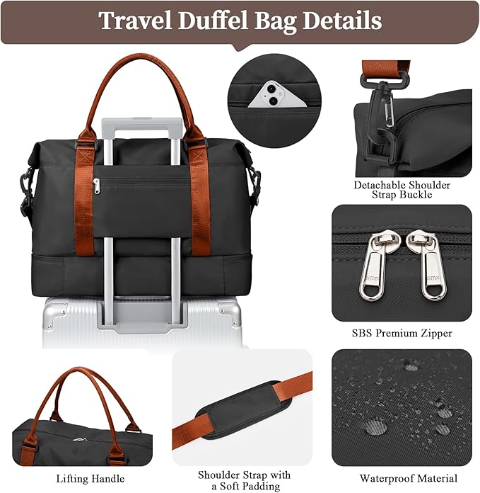 Weekender Bags for Women,Travel Duffle Overnight Bag with Shoe Compartment,Personal Item Carry On Bag,Black & Brown,Large,3 Pcs Set