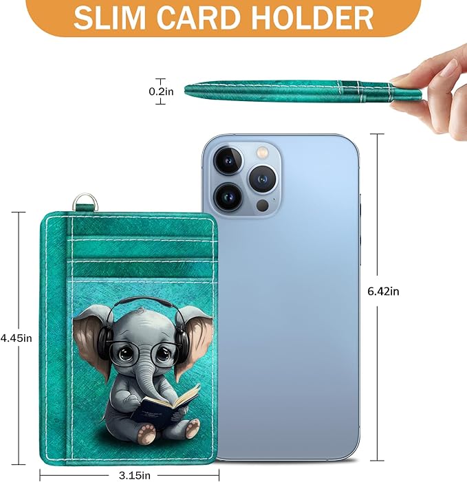 Yonlevres Credit Card Holder Slim Wallet, Elephant RFID Wallet Women Front Pocket Small Card Holder, Travel Cute Funny Thin Card Case ID Window PU Leather RFID Blocking Card Organizer Gift Girl Ladies