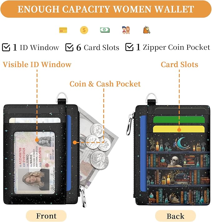 Hancynir Goth Book Skull Cat Slim Wallet Women Credit Card Holder, Gothic Funny Small RFID Blocking Front Pocket Wallet Wristlet Keychain Lanyard, Cute Mini Card Case Thin Zipper Coin PU Leather Gifts