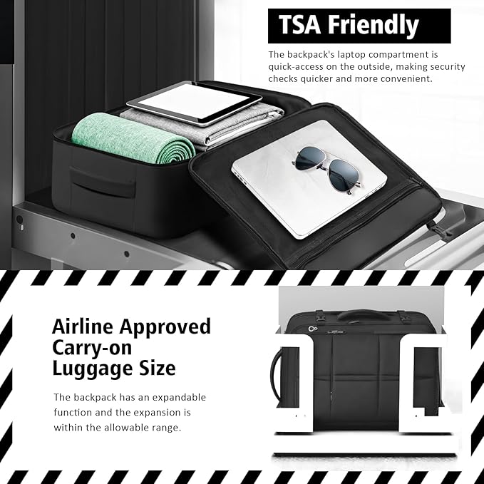 Travel Backpack For Men, Extra Large 50L Flight Approved Carry on Backpack, Expandable Waterproof Business Suitcase Daypack Big Bag Fits 18.4 Inch Laptop, Black