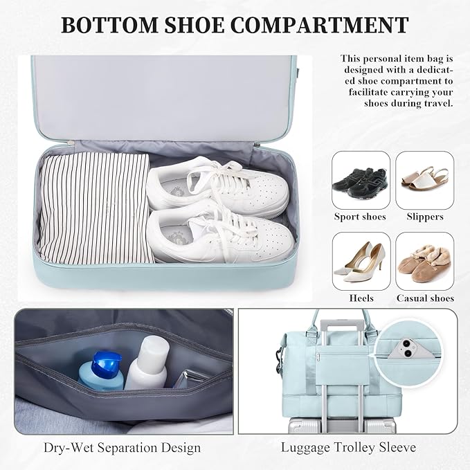 Weekender Bags for Women,Carry On Overnight Travel Duffel Bag with Shoes Compartment & Toiletry Bag,Extra Large,Light Blue