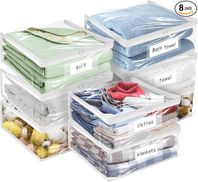 Kikerike Plastic Storage Bags with Easy-Glide Zipper, Pack of 8, Durable Clear Vinyl Zippered Storage Bags for Clothes Sweaters Comforters Blankets Sheets Bedding (10.5 x 10.5 x 2.5 Inch)