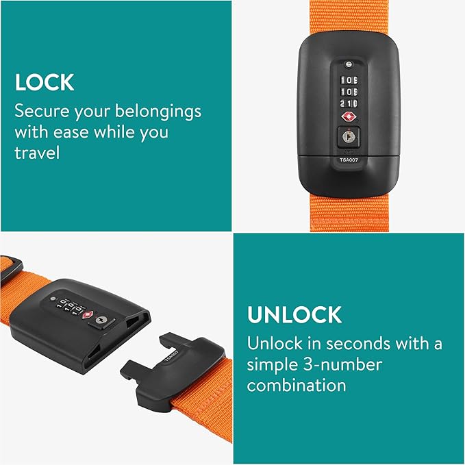 Navaris TSA Luggage Strap - Secure Adjustable Strap for Suitcases with Combination Lock - Lockable Cross Case Travel Belt for Luggage with ID Tag - Orange