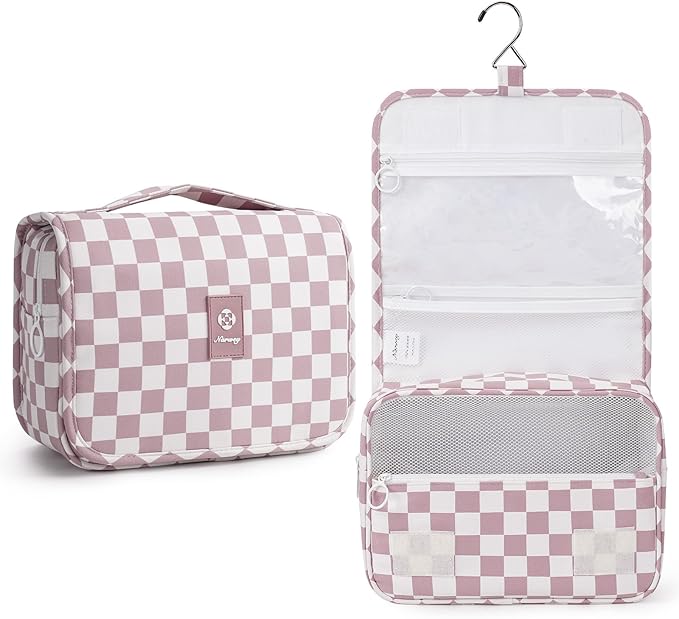 Narwey Small Hanging Travel Toiletry Bag for Traveling Women, Checkered Travel Bag for Toiletries, Makeup Bag Organizer Make Up Cosmetic Bags (Dusty Pink Checkerboard)