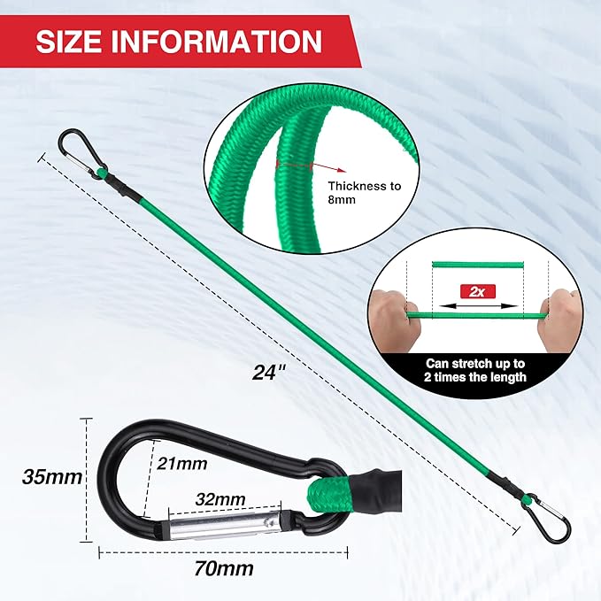 WORKPRO 24 Inch Bungee Cords with Hooks, 4 Pack Superior Rubber Heavy Duty Bungee Straps Strong Elastic Rope for Outdoor Tent, Luggage Rack, Camping, Cargo, RV, Bike, Transporting, Storage, Green