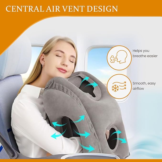 Inflatable Travel Pillows for Airplane, Blow Up Neck Pillow for Sleeping for Long Flight Support Neck,Head & Shoulder, Used for Travelling Car/Airplane/Office Nap-Comes with Eye Mask and Earplugs_Gray