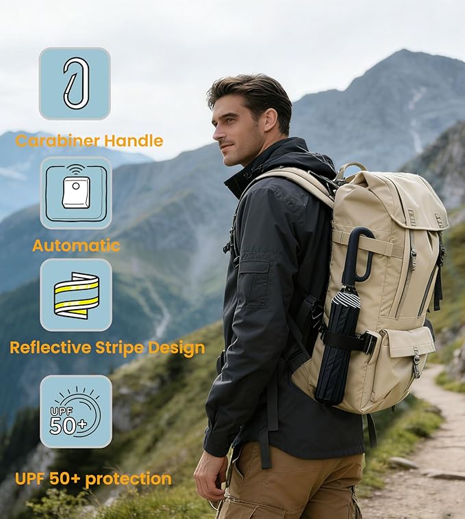SIEPASA Travel Umbrella with Carabiner Handle - Windproof 10 Ribs Auto Open/Close for Rain & Sun Protection, Compact Portable Clip-on Backpack Design with Safety Reflective Strip.
