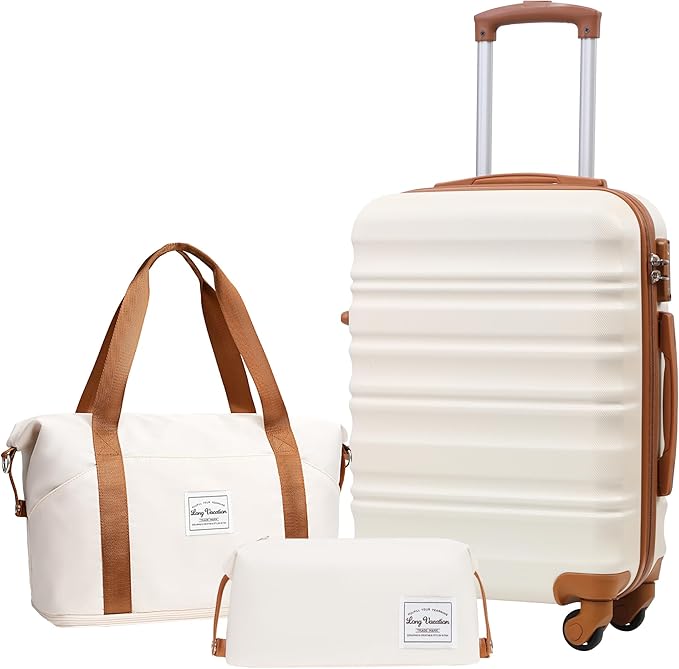 LONG VACATION Carry On Luggage Sets 3 Piece 20 Inch Suitcase Set, ABS+PC Hardshell Lightweight Travel Luggage with Spinner Wheels & YKK Zipper TSA Lock (BEIGE-BROWN, 20 Inch)