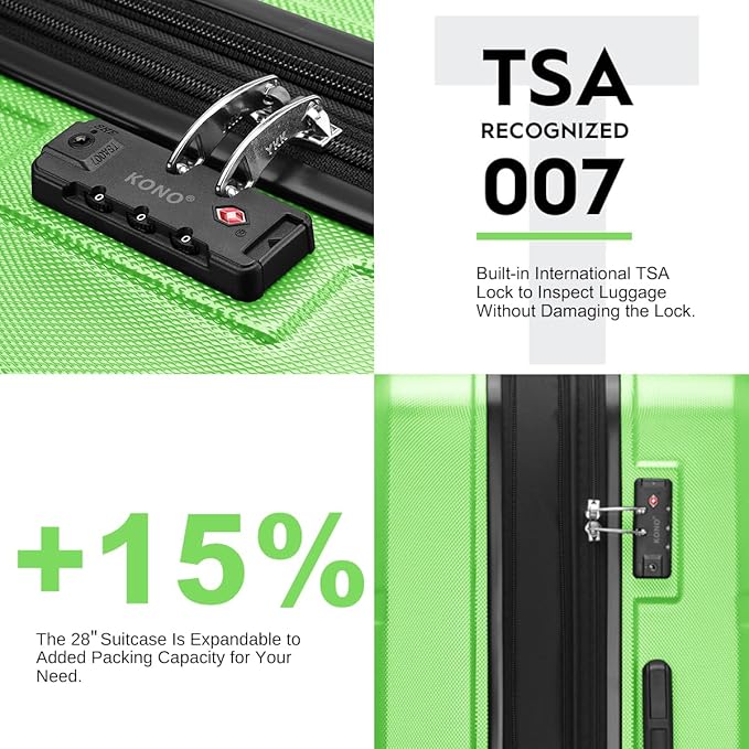 Kono 4 Piece Luggage Sets Expandable(only 28") with Spinner Wheels TSA Lock Lightweight PC+ABS Hardside Travel Rolling Suitcases 20in 24in 28in Carry on and 12in Mini Cosmetic Case Apple Green