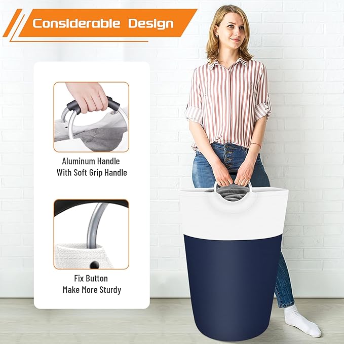 BlissTotes 75L Laundry Basket, Freestanding Laundry Hamper, Collapsible Dirty Clothes Hamper, Waterproof Fabric with Foam Protected Aluminum Handles for College, Dorm, Family (Blue)