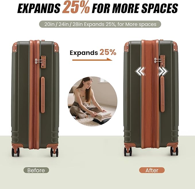 KUNEL Expandable 5 Piece Luggage Sets with Detachable Spinner Wheels and TSA Lock, Unisex Hardside ABS Suitcase Set, Hardshell Lightweight Waterproof Travel Hard Case Suitcases with Wheels, OliveDrab