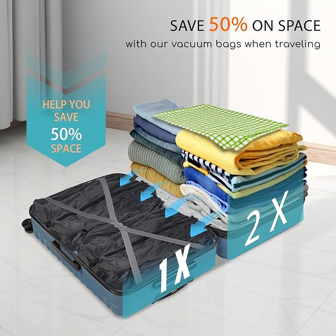 Vacuum Bags for Travel with Pump, 2 Pack TPU Reusable Vacuum Compression Bags for Travel with Waterproof Zipper, Space Saver Bag for Suitcase, Backpack, Black