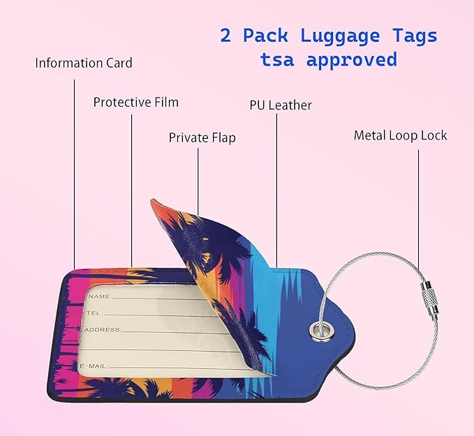 2P Sunset Beach Palm Trees Luggage Tags Privacy Cover ID Label with Stainless Steel Loop and Address Card for Travel Bag Suitcase Funny Cute Man Women Kids