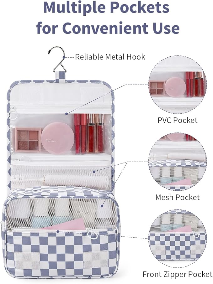 Narwey Small Hanging Travel Toiletry Bag for Traveling Women, Checkered Travel Bag for Toiletries, Makeup Bag Organizer Make Up Cosmetic Bags (Grayish Blue Checkerboard)