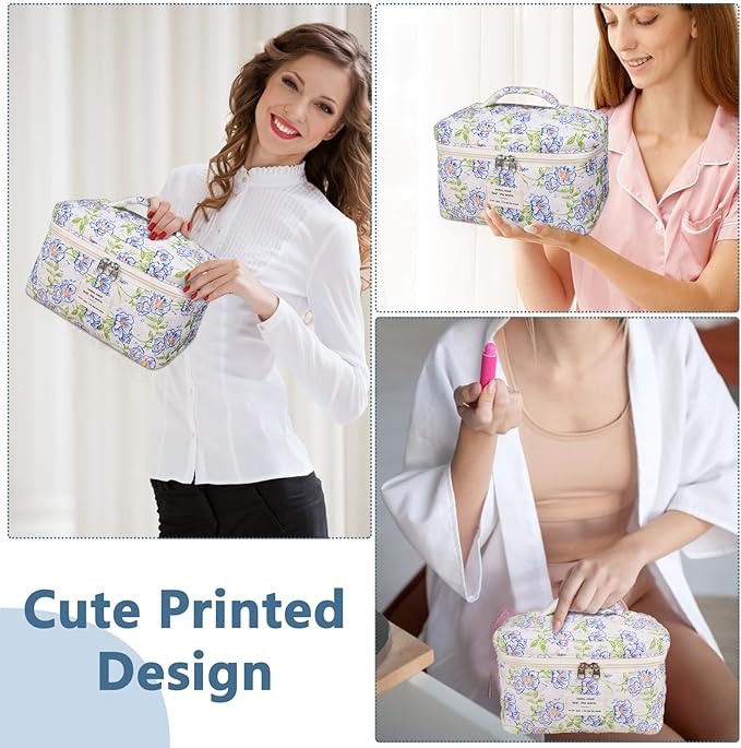 Large Makeup Bag, Cute Cosmetic Bag for Women Girls, Floral Coquette Aesthetic Toiletry Bag, Travel Make Up Organizer Bag (light blue)