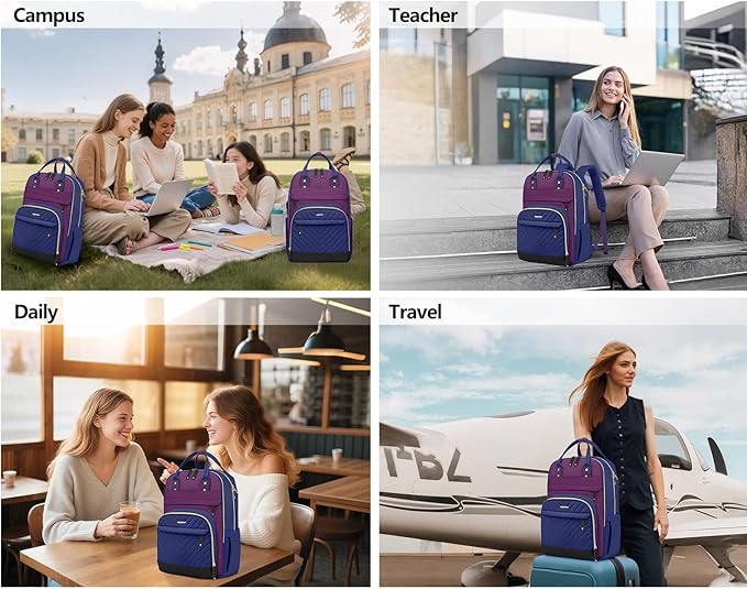Laptop Backpack for Women Work Bag - 15.6 inch Travel Backpack Purse with USB Charger College Bookbag Waterproof Cute Casual Daypack Fashion Business Computer Backpacks for Teacher Nurse Purple Blue