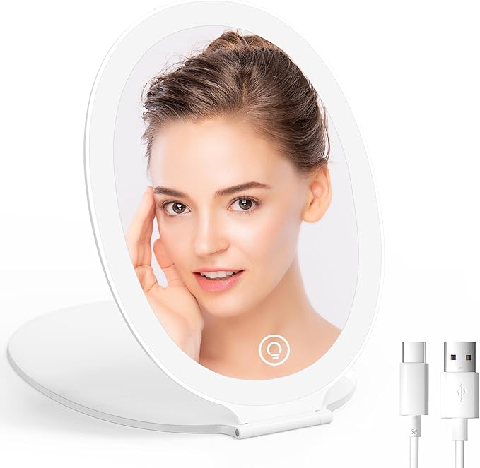 COSYGLOW Travel Makeup Mirror with Light: 3 Color Lighting Portable Mirror with Touch Screen Rechargeable Adjustable LED Lights Hexagon Vanity Mirror for Travel, Desk, Home (Round White)