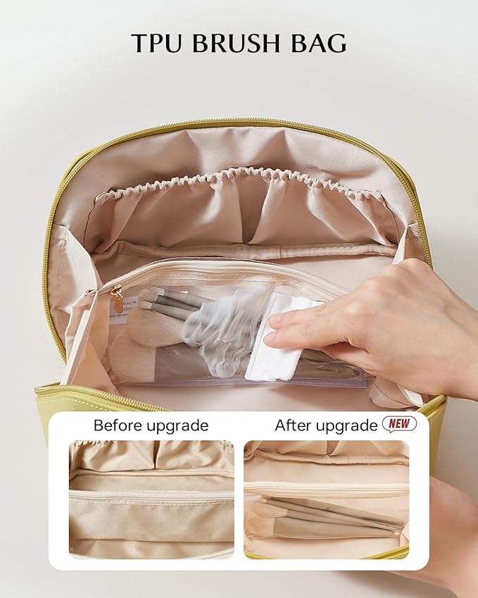EACHY Travel Makeup Bag, Large Capacity Cosmetic Bag for Women, Waterproof PU Leather, Flat Open Portable Toiletry Bag for Skincare, Brushes & Travel Essentials