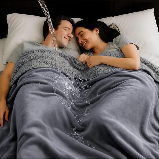 King Size Waterproof Blanket for Bed Couch, Gray 82'' x 82'' Double Side Leakproof Reversible Sherpa Flannel Fleece 3-Layer Lightweight Blanket, Absorbs 80oz, Machine Washable