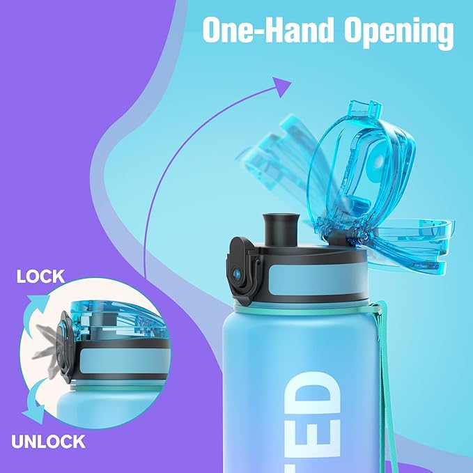 Sahara Sailor Water Bottle, 32/25/17oz Durable and Leakproof Water Bottles Motivational with Time Marker, Tritan, BPA Free, Wide Mouth with Easy Clean Brush for Gym, Travel, School, Office (1 Bottle)