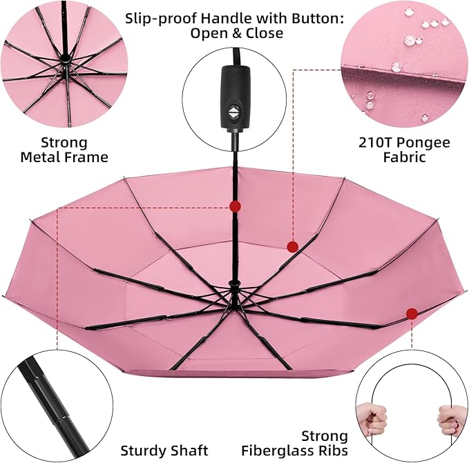 TradMall Travel Umbrella, 42/45 Inches Double Vented Canopy Windproof Automatic Strong Compact Folding Umbrellas for Rain Women and Men