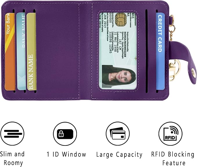 Airkit Small Wallets Woman RFID Blocking Leather Credit Card Holder - with ID Window - Card Wallets for Women - with Zipper Coin Purse - Keychain Wallet