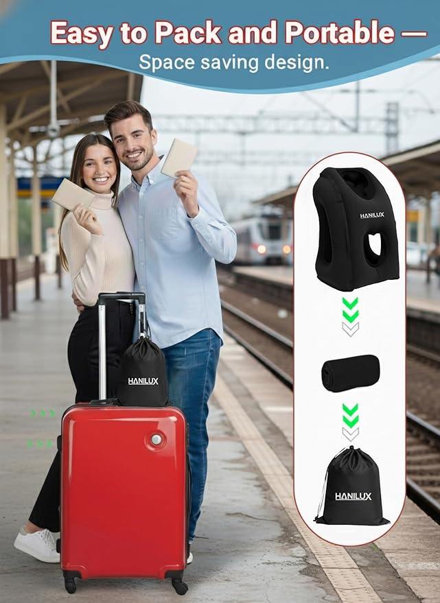 Inflatable Travel Pillows for Airplanes, Blow Up Travel Pillow for Train Office Car with Chin and Neck Support, Inflatable Travel Pillow for Sleep Support with Eye Mask,Storage Bag & Earplugs (Black)