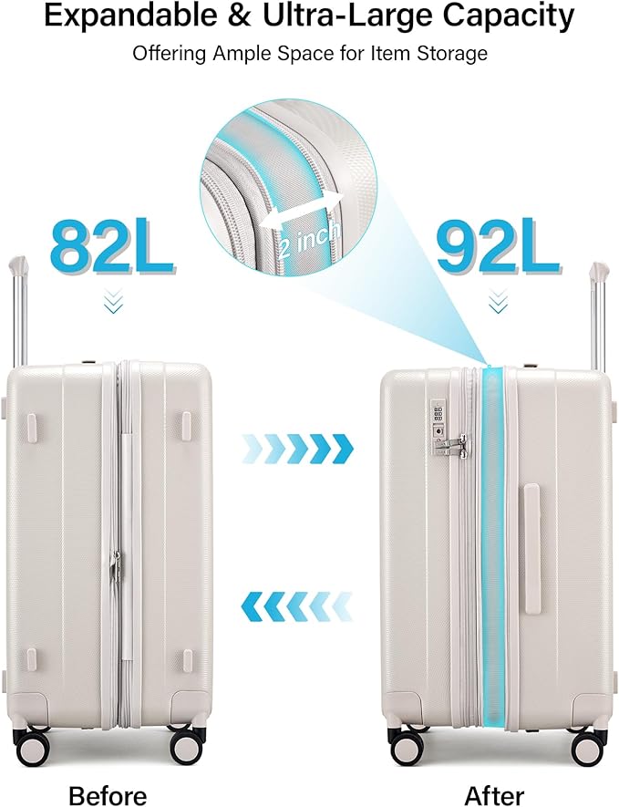 Hanke 24 Inch Plus Expandable Luggage Large Suitcases with Wheels, Medium Checked Luggage Hard Shell Suitcases, PC Trunk Luggage Extra Large Suitcase with Lock for Women Men(Ivory White)