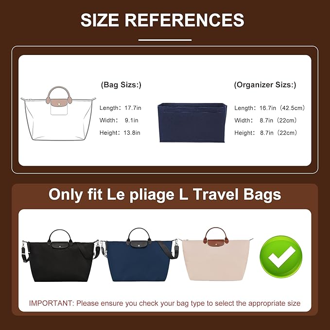 Doxo Felt Purse Organizer Insert for Longchamp Le Pliage L Travel Bag, Longchamp Orgainzer Insert Large with 9 Compartments and Zipper Water Bottle Holder, Fits Long Champ Large Bag (LT, Navy)