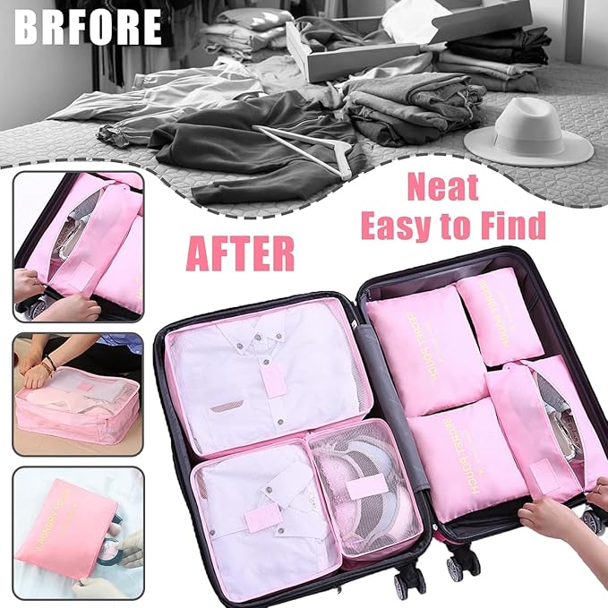 INVODA 7 piece Multi-size Packing Cubes for Travel Suitcase Organizer Bags Lightweight Travel Bags (Pink)