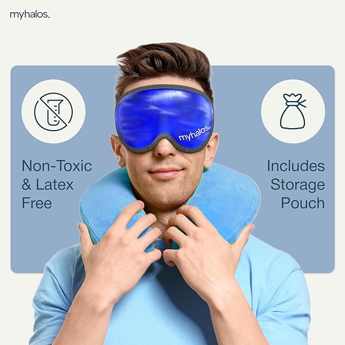 MyHalos Gel Mask - Reusable Cooling Eye Mask with Adjustable Straps - Cold Mask for Puffy Eyes, Dark Circles and Hangovers - Face Ice Pack Compress for Sinus, Headaches (Blue - No Eyeholes)