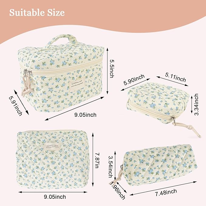 Cute Makeup Bag for Women(2 Pcs), Travel Cosmetic Bags, Quilted Coquette Aesthetic Floral Toiletry Organizer Bag (47 - BlueMuDan)