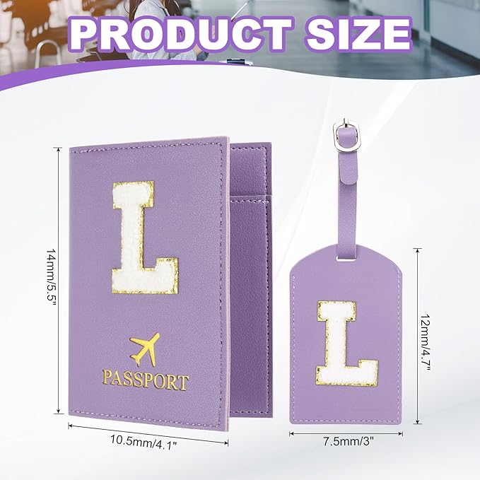 PATIKIL Passport Holder for Travel, Initial Passport Cover and Luggage Tag Set with Alphabet Chenille Letter Patch Travel Wallet Bag Suitcase Identifier for Women Family Travel Purple L