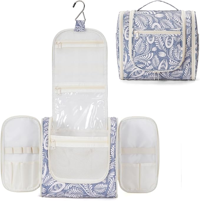 Narwey Hanging Toiletry Bag for Women Travel Makeup Bag Organizer Toiletries Bag Men for Cosmetics Essentials Accessories(Large, Blue Leaf)