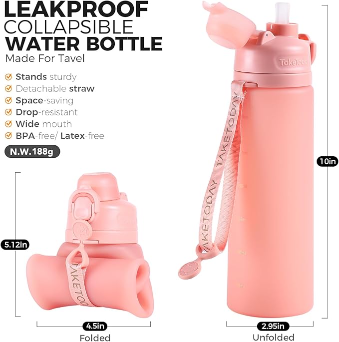 TakeToday Collapsible Water Bottles 21oz (600mL), Foldable Platinum Silicone Travel Water Bottle with Straw & Carry Strap, Leak-Resistant Screw Lid, Wide Mouth, BPA-Free for Hiking, Camping, Travel