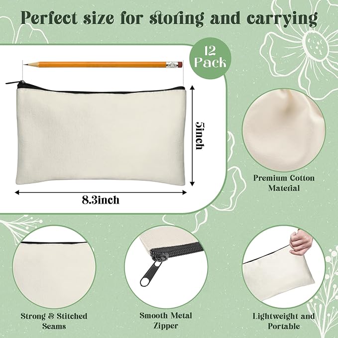 Legigo Blank Canvas Bag Zipper Pouch Makeup Bags Bulk - Multi-Purpose Canvas Pencil Pouch with Sturdy Zipper, Cosmetic Bag Travel Toiletry Bag for DIY Craft Projects, Storage (8.3 x 5 inches)