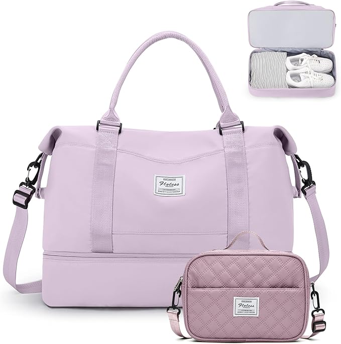 Weekender Bags for Women,Carry On Overnight Travel Duffel Personal Item Bag with Shoes Compartment & Grid Toiletry Bag,Large,Purple