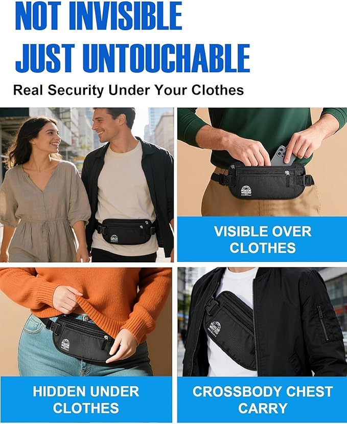 Hidden Money Belt for Travel, RFID Blocking, Sweat-Proof, Heavy-Duty Buckle, 3rd Gen Waist Wallet Anti Theft to Protect Cash, Credit Cards and Documents Under-Clothes for Men & Women, Black
