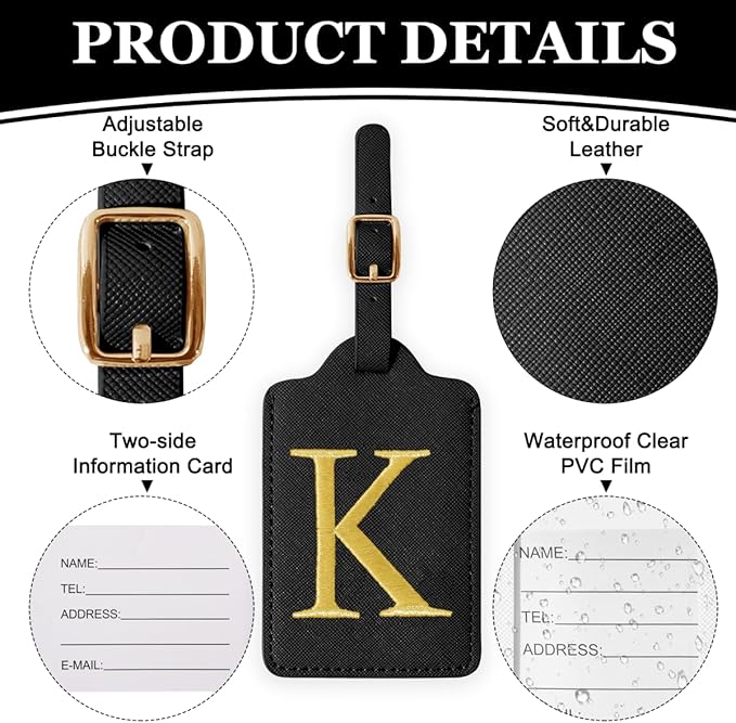 Personalized Initial Luggage Tags for Suitcases,Leather Letter Cute Luggage Tags with Privacy Name Card,Embroidered Monogrammed Travel Bag Backpack Tag Gifts for Women Kids Girls Teens(Black-K)
